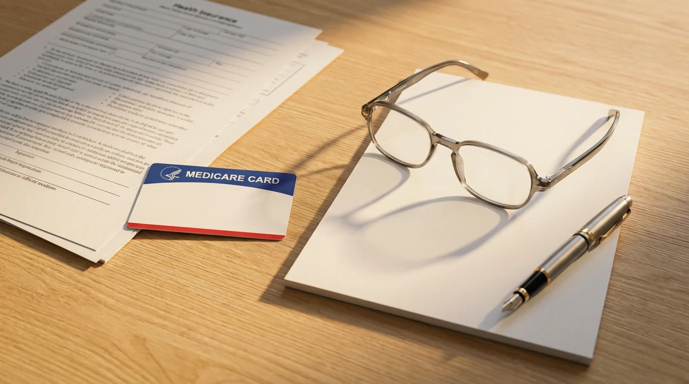 Flat lay of a Medicare card, notepad, glasses, and documents during golden hour.