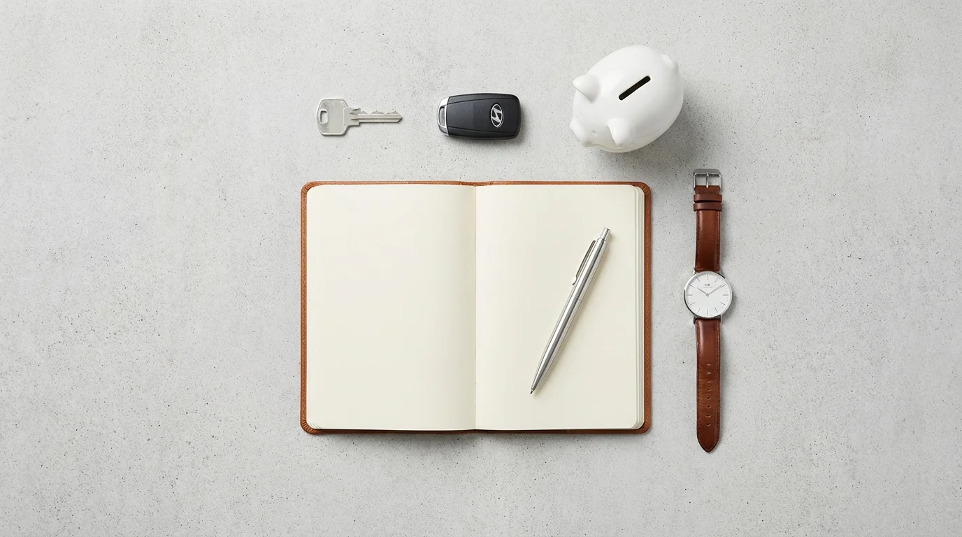 Flat lay of a notebook, keys, and a watch for estate planning inventory.
