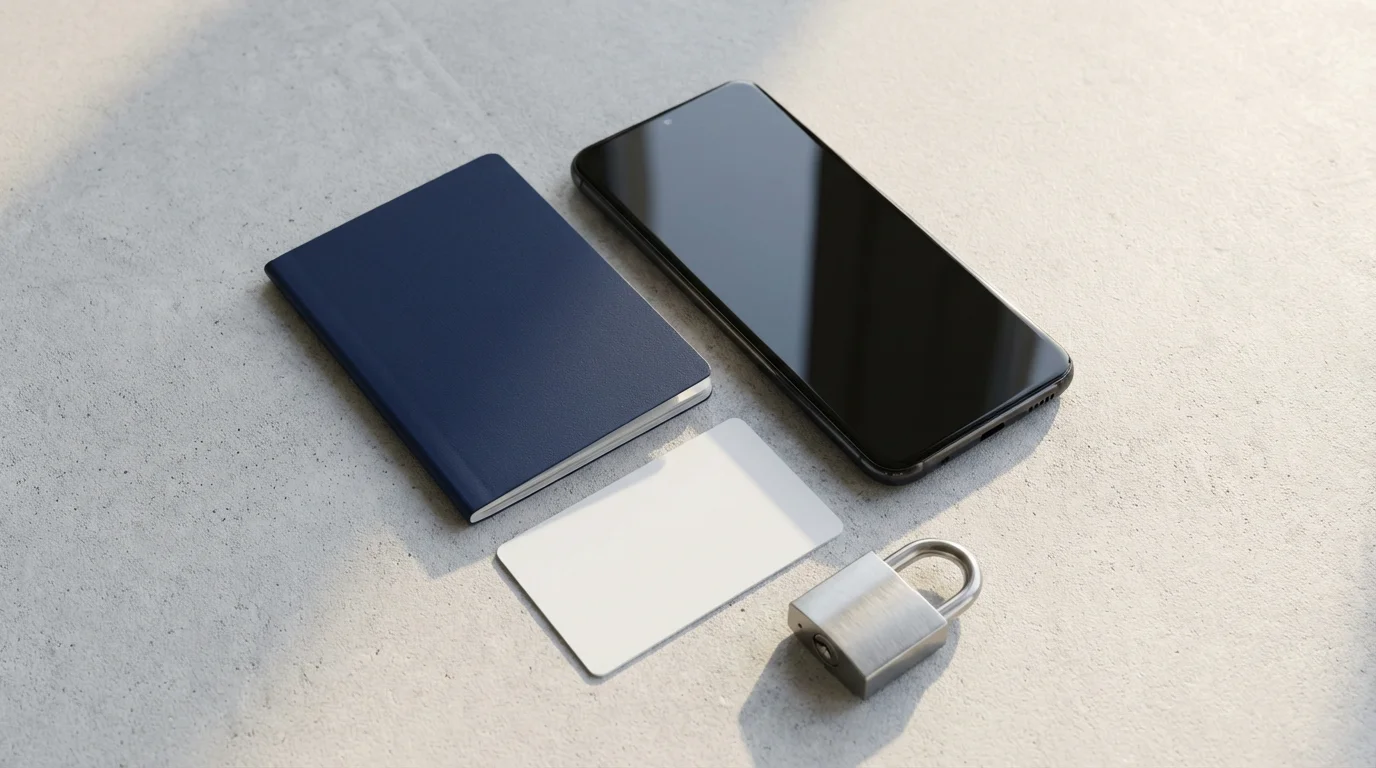 Flat lay of a passport, smartphone, ID card, and padlock symbolizing online security.