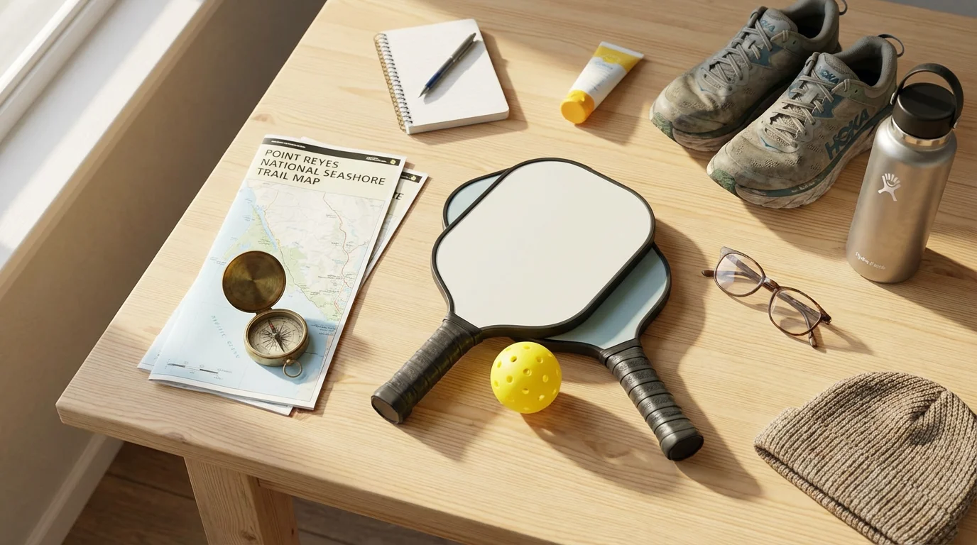 Flat lay of a pickleball paddle, trail map, compass, and walking shoes.