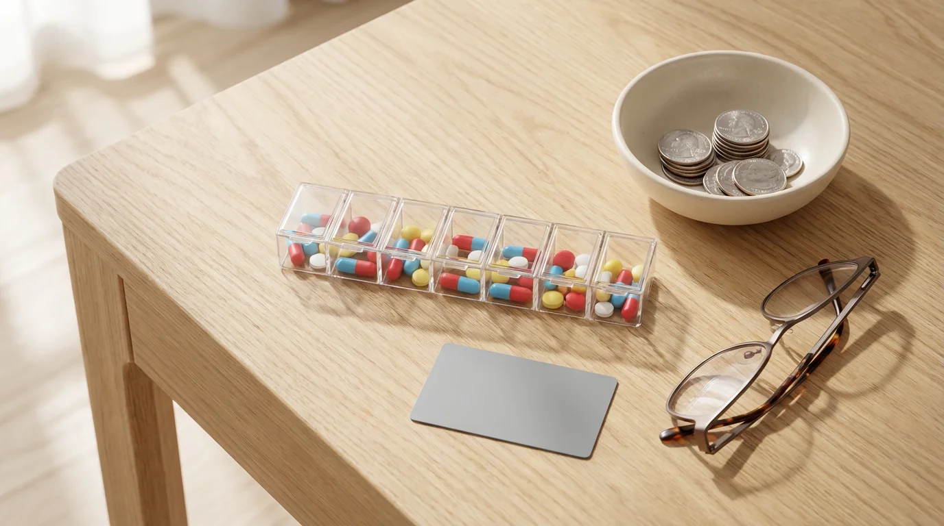 Flat lay of a pill organizer, a bowl of coins, and reading glasses.