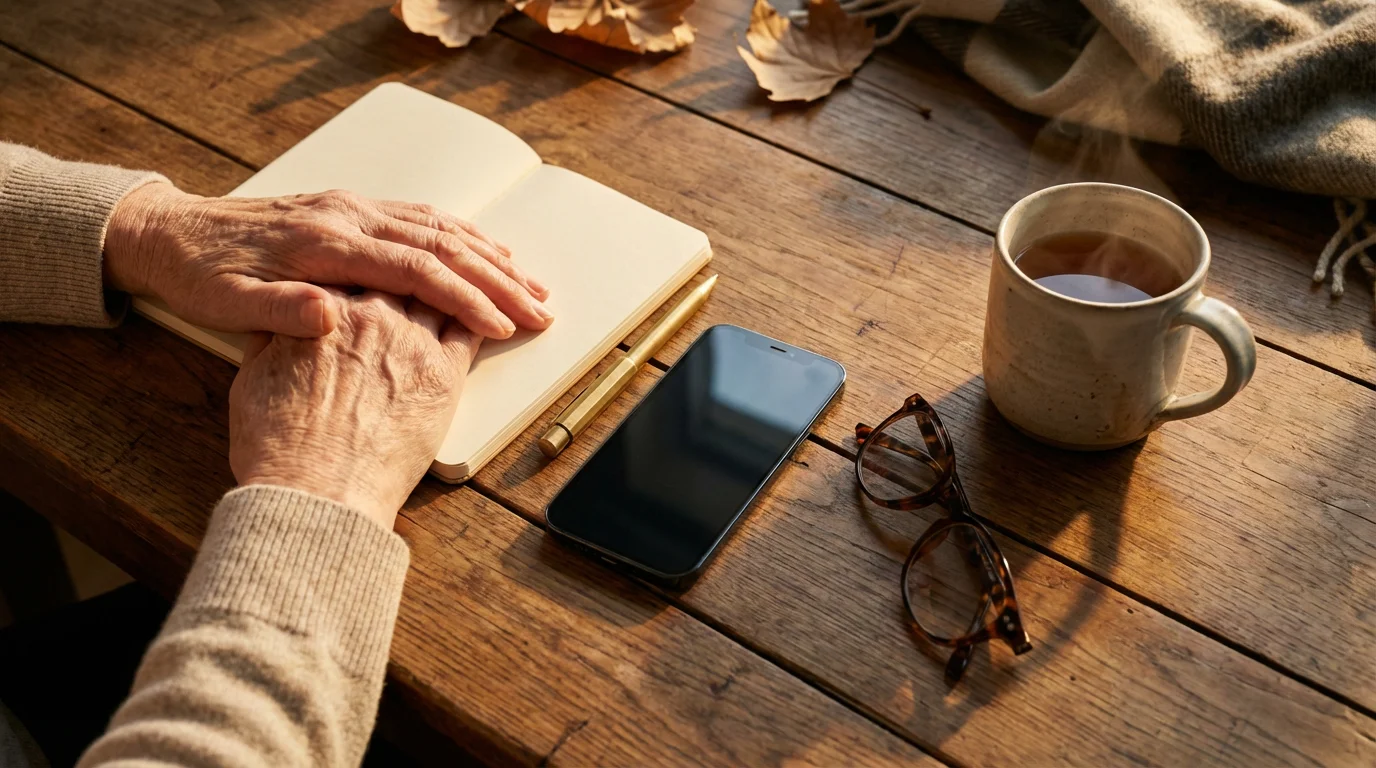 Flat lay of a senior's desk with a smartphone, notepad, and reading glasses.