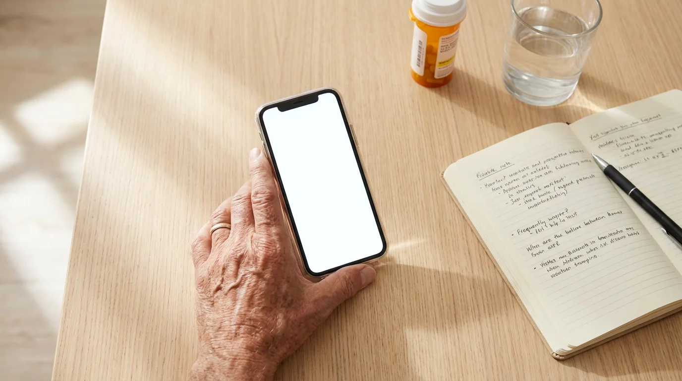 Flat lay of a senior's hand holding a smartphone next to a notebook.
