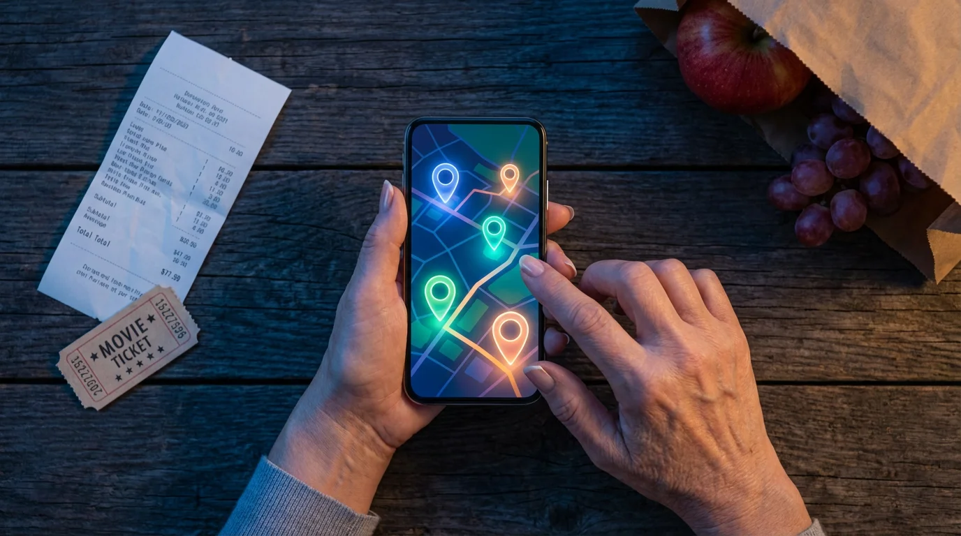 Flat lay of a senior's hand using a deal-finding app on a phone at dusk.