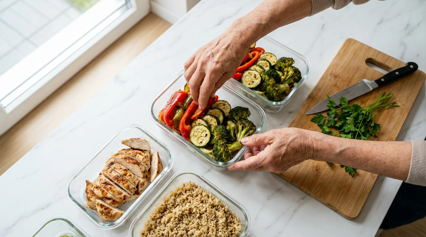 Flat lay of a senior's hands preparing healthy meals in glass containers for the week.