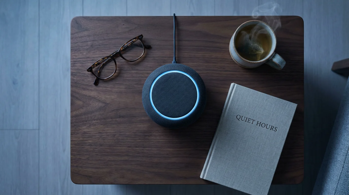 Flat lay of a smart speaker, reading glasses, and a book on a table.