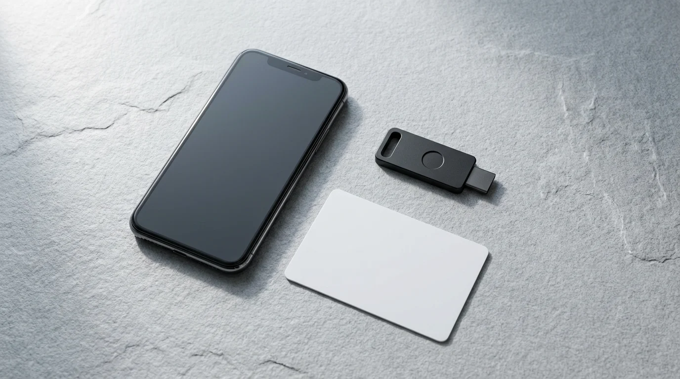 Flat lay of a smartphone, hardware security key, and keycard representing two-factor authentication.