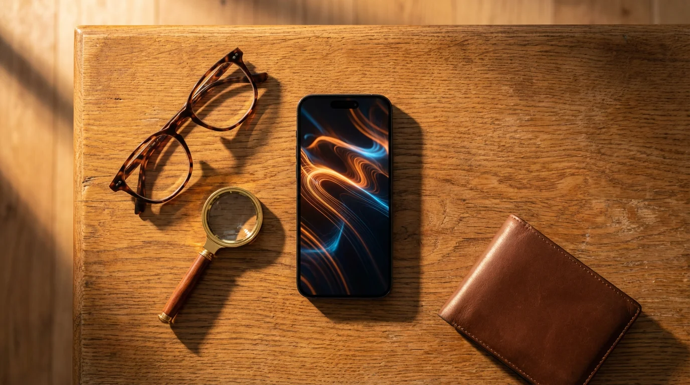 Flat lay of a smartphone, magnifying glass, and wallet representing financial security for seniors.