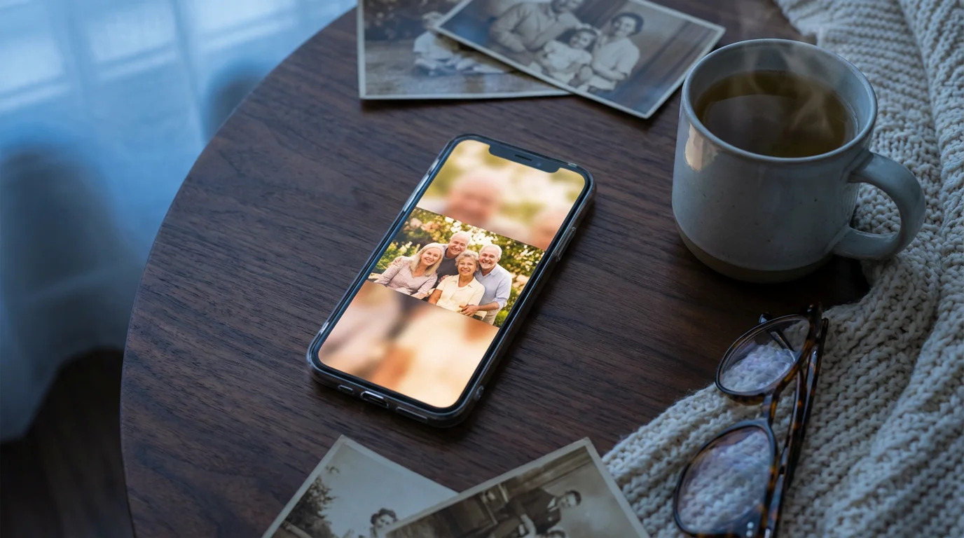 Flat lay of a smartphone on a wooden table with vintage photos and tea.