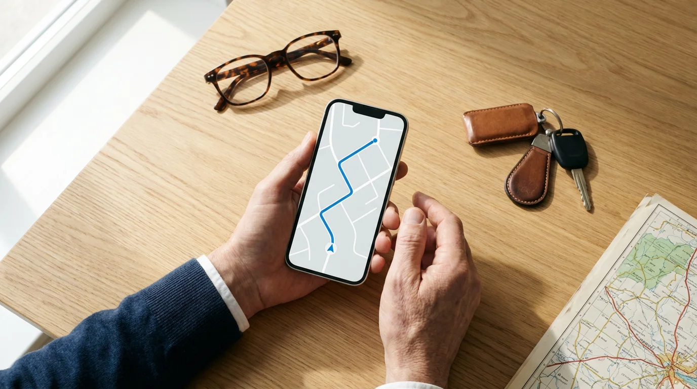 Flat lay of a smartphone showing a map, surrounded by glasses and car keys.