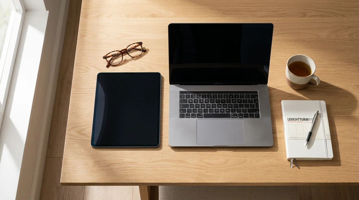 Flat lay of a tablet and a laptop on a wooden desk with glasses.