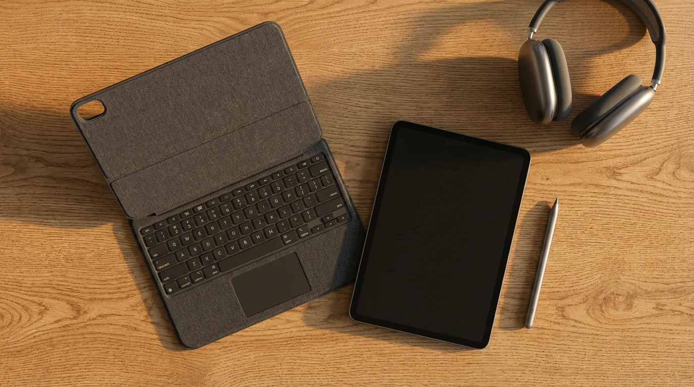 Flat lay of a tablet, keyboard case, stylus, and headphones on a wooden desk.