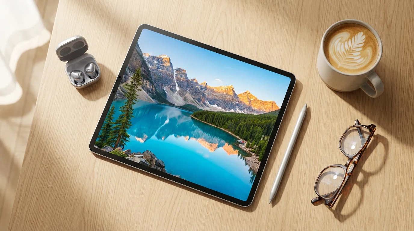 Flat lay of a tablet on a wooden table with coffee and accessories.