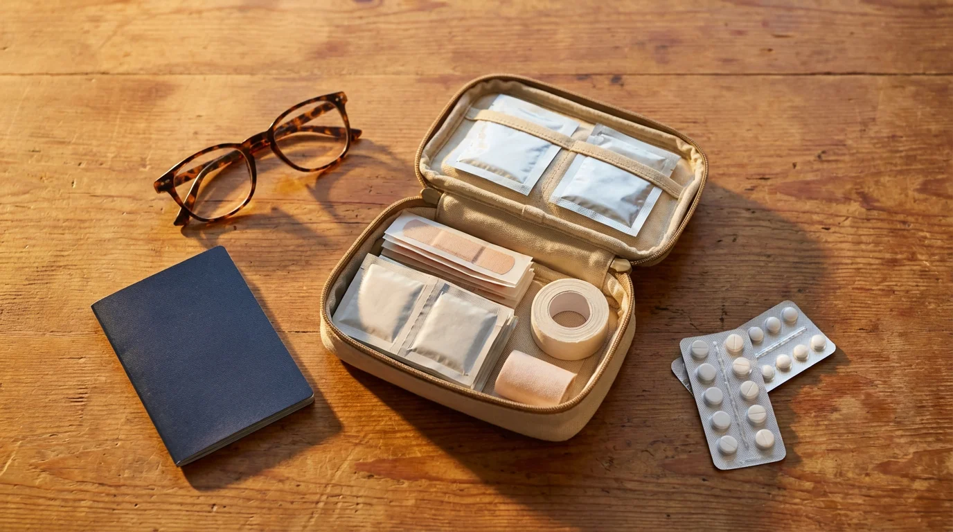 Flat lay of a travel first-aid kit, passport, and medication for European travel.