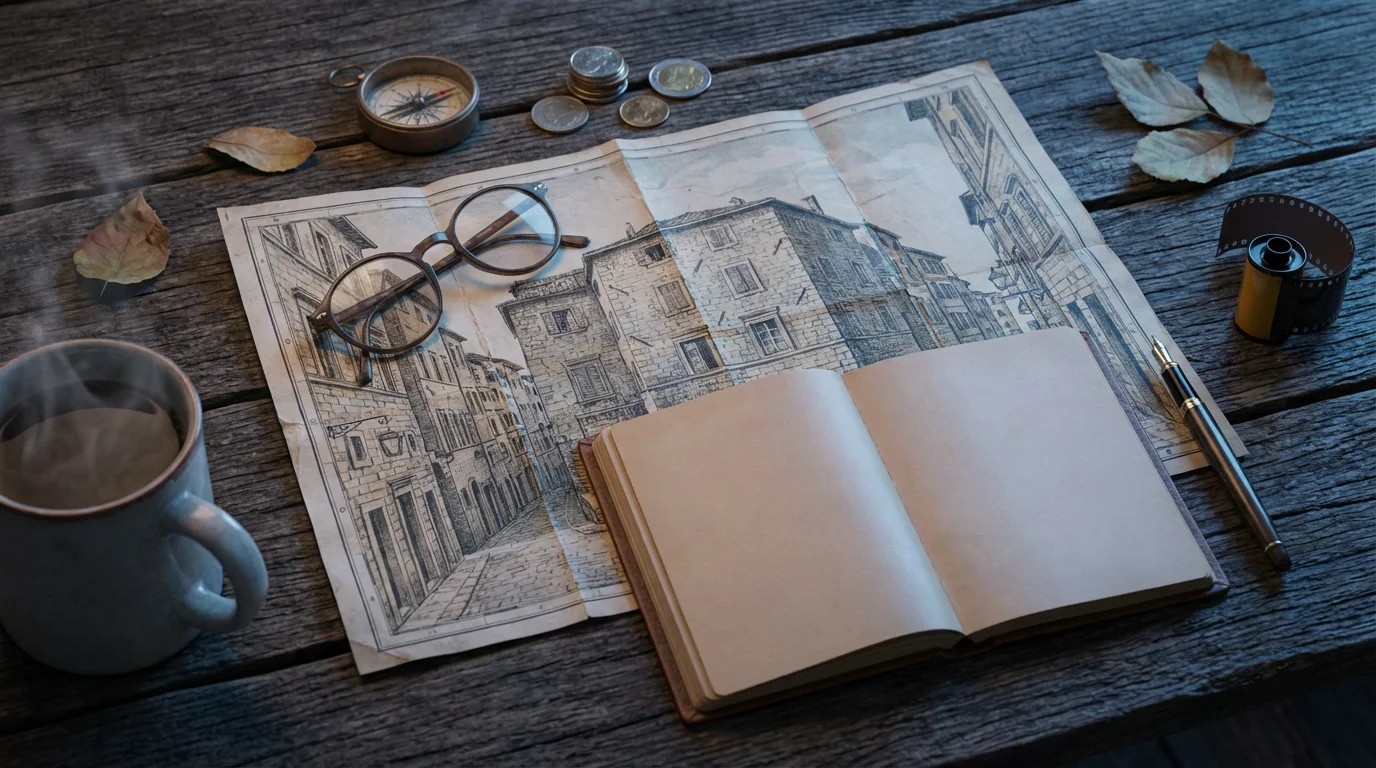 Flat lay of a travel journal, map, reading glasses, and tea during evening.