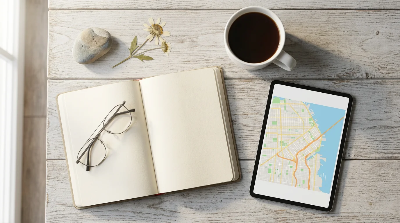 Flat lay of a travel journal, tablet with a map, and coffee.