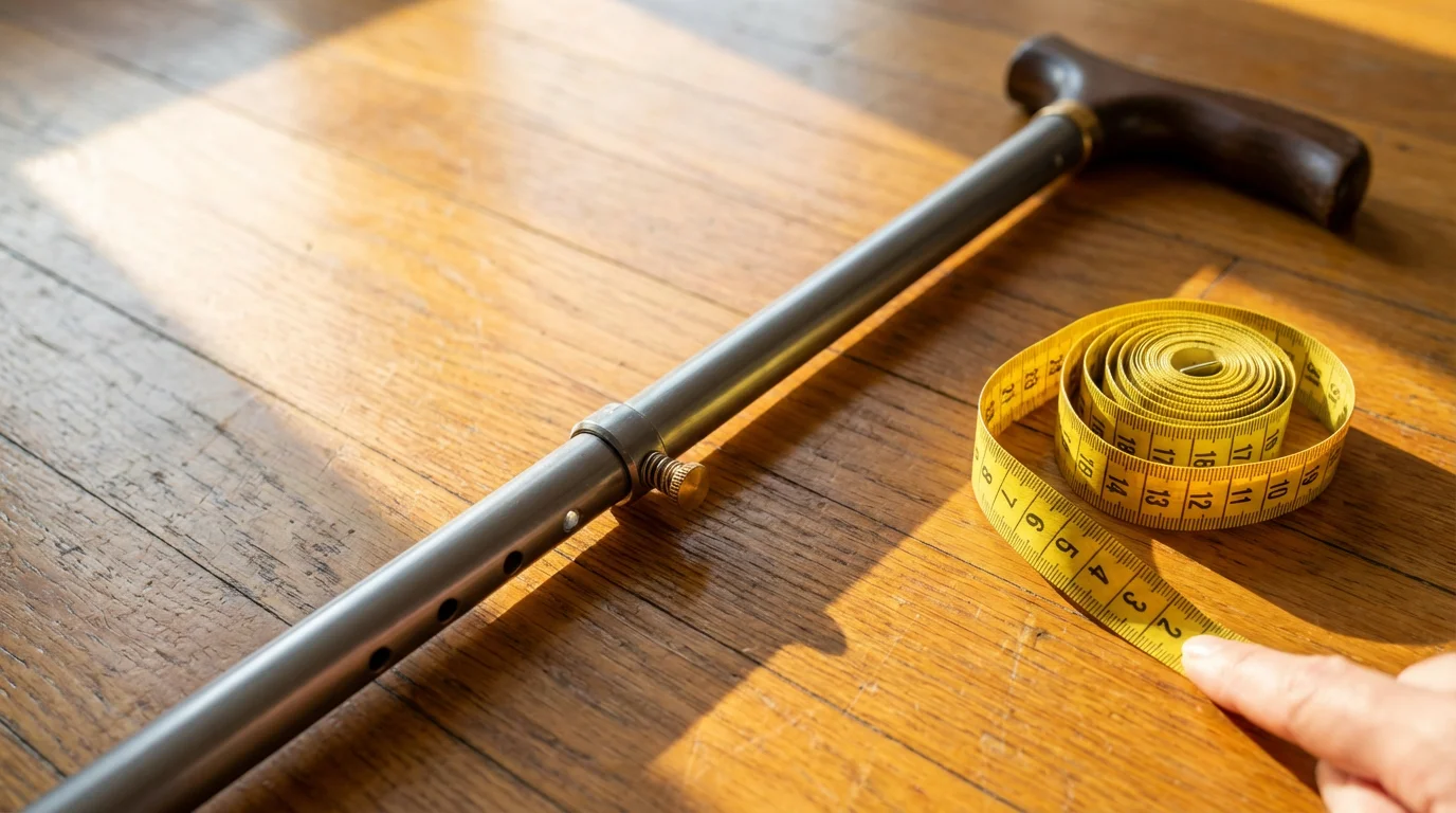 Flat lay of an adjustable cane and a tape measure on a wood floor.