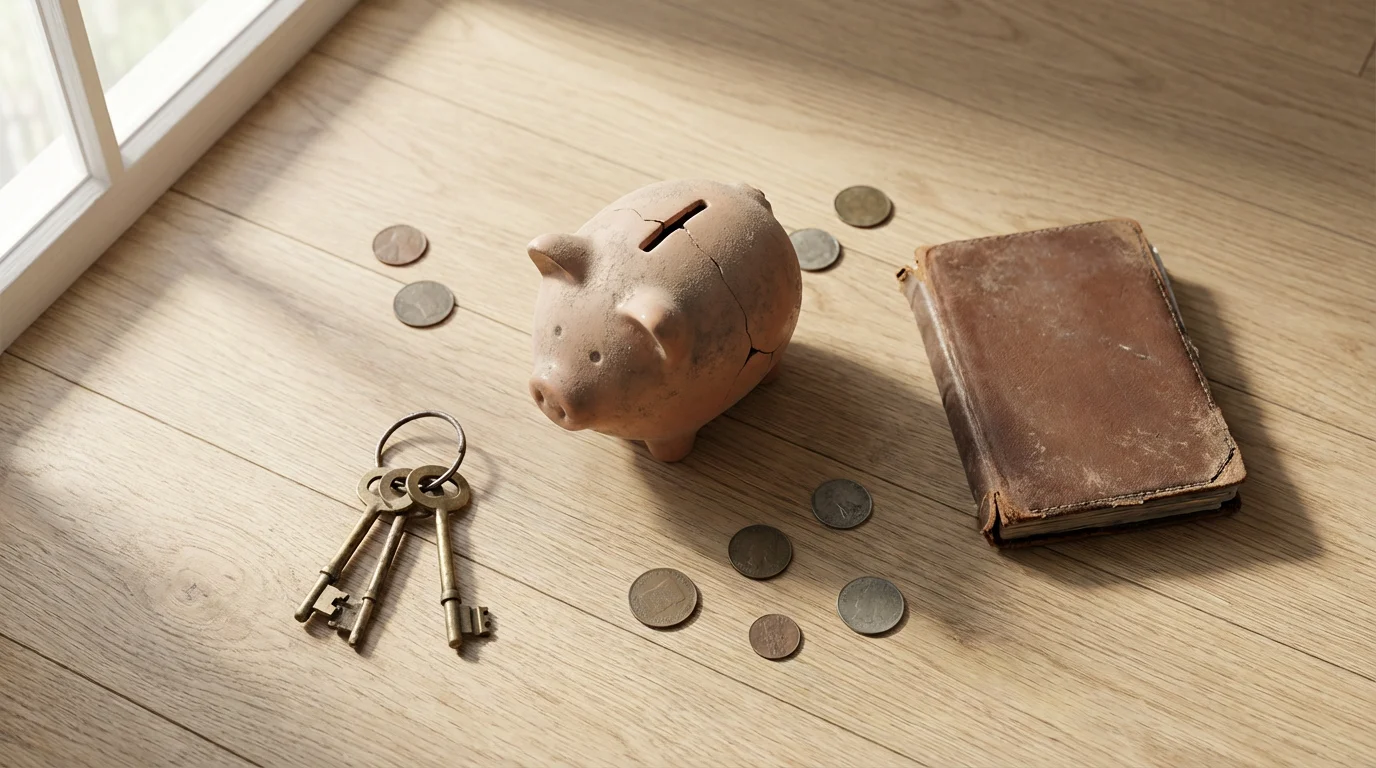 Flat lay of an empty piggy bank, old keys, an address book, and coins.