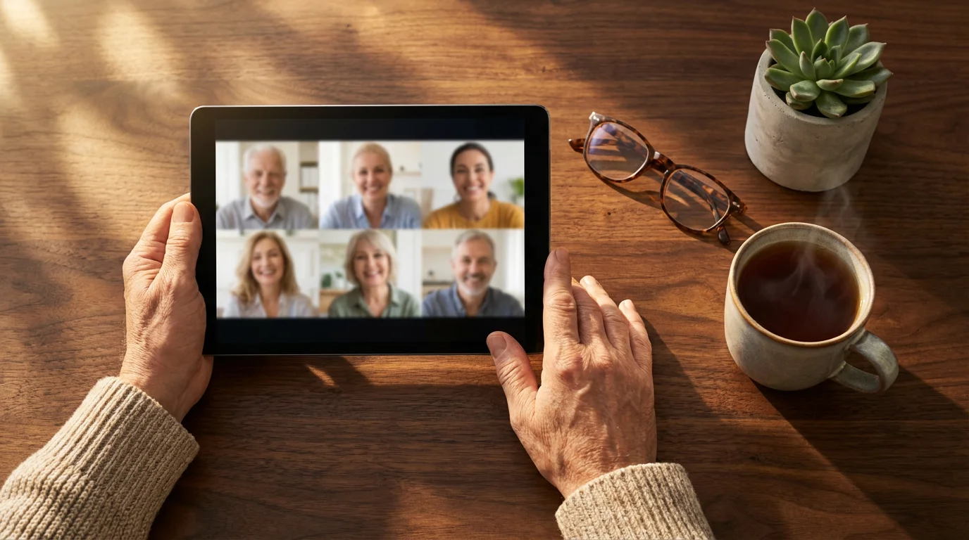 Flat lay of an older person's hands using a tablet for a video call.