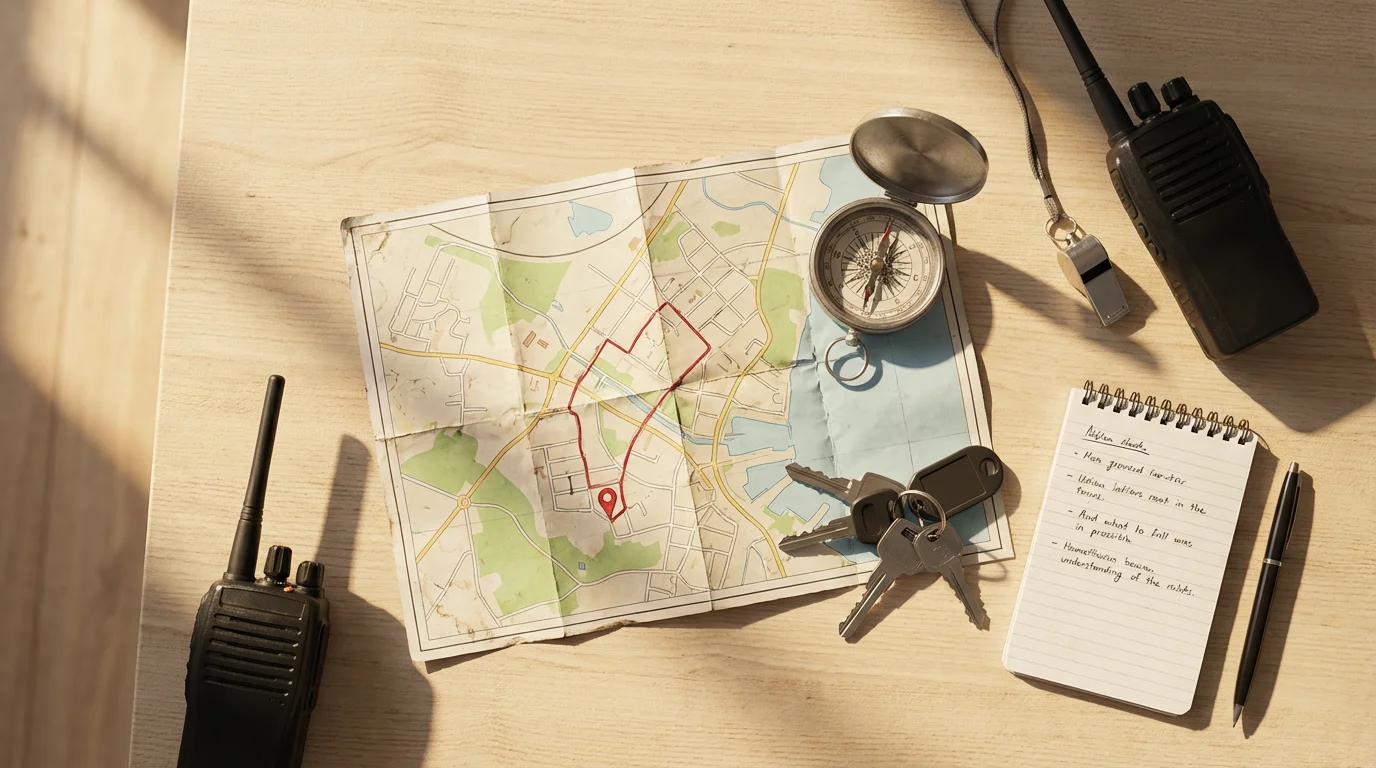 Flat lay of emergency evacuation plan items: map, compass, keys, and walkie-talkies.
