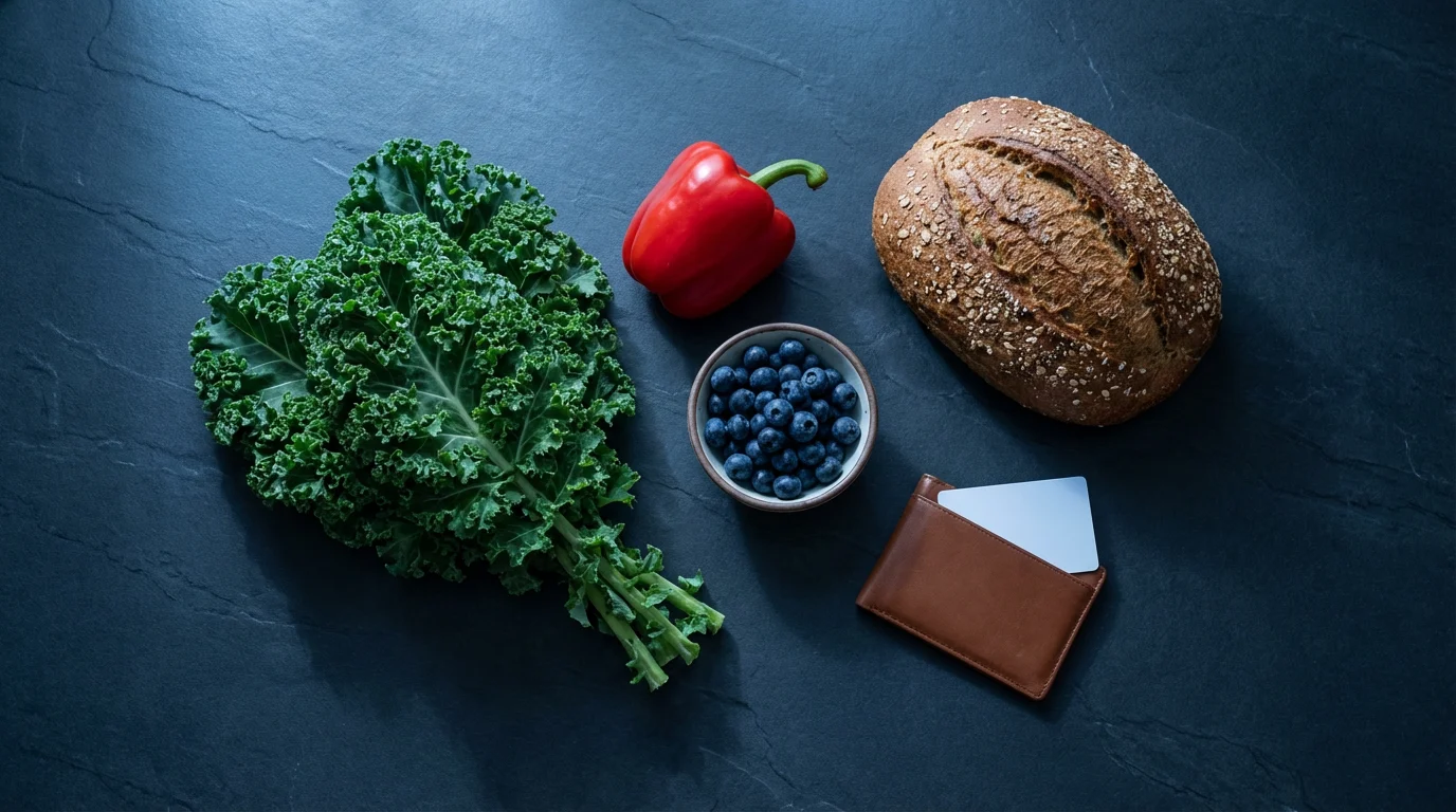 Flat lay of fresh groceries, a wallet, and a blank discount card on a countertop.