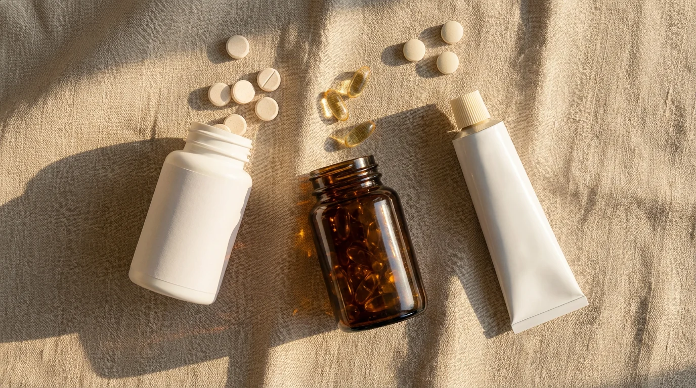 Flat lay of generic over-the-counter medications and vitamin supplements during warm golden hour.