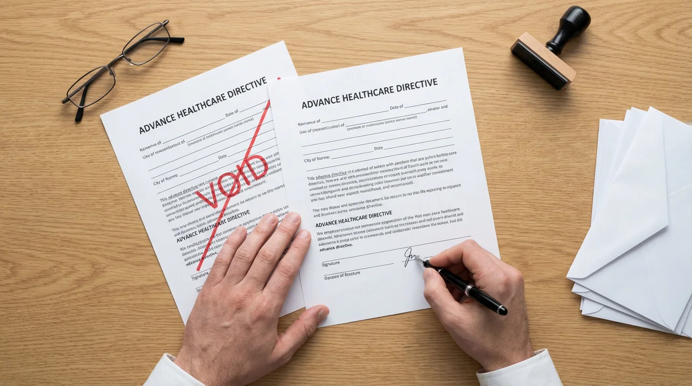 Flat lay of hands signing a new advance directive, with an old, voided document nearby.