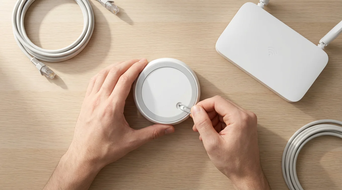 Flat lay of hands using a paperclip to reset a smart home hub.