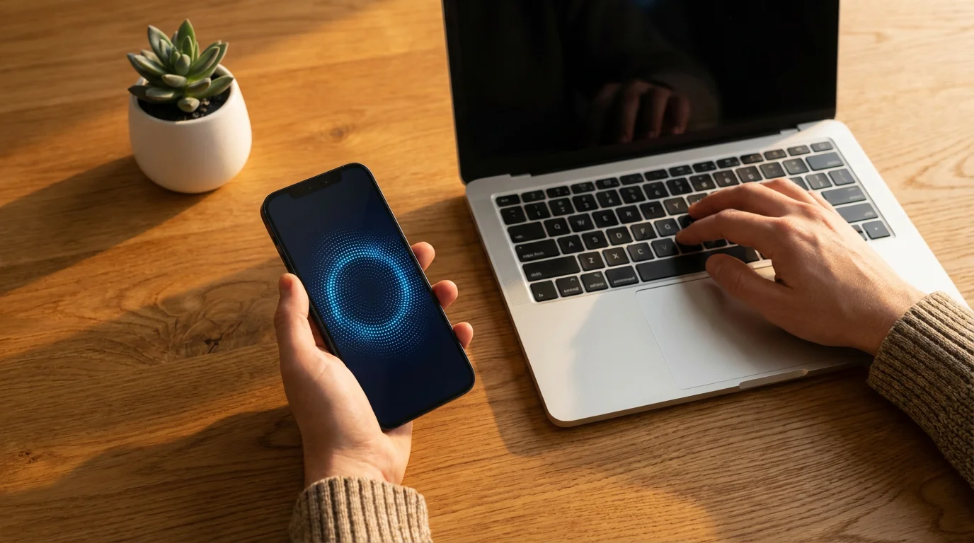 Flat lay of hands using a smartphone and laptop to set up account security.