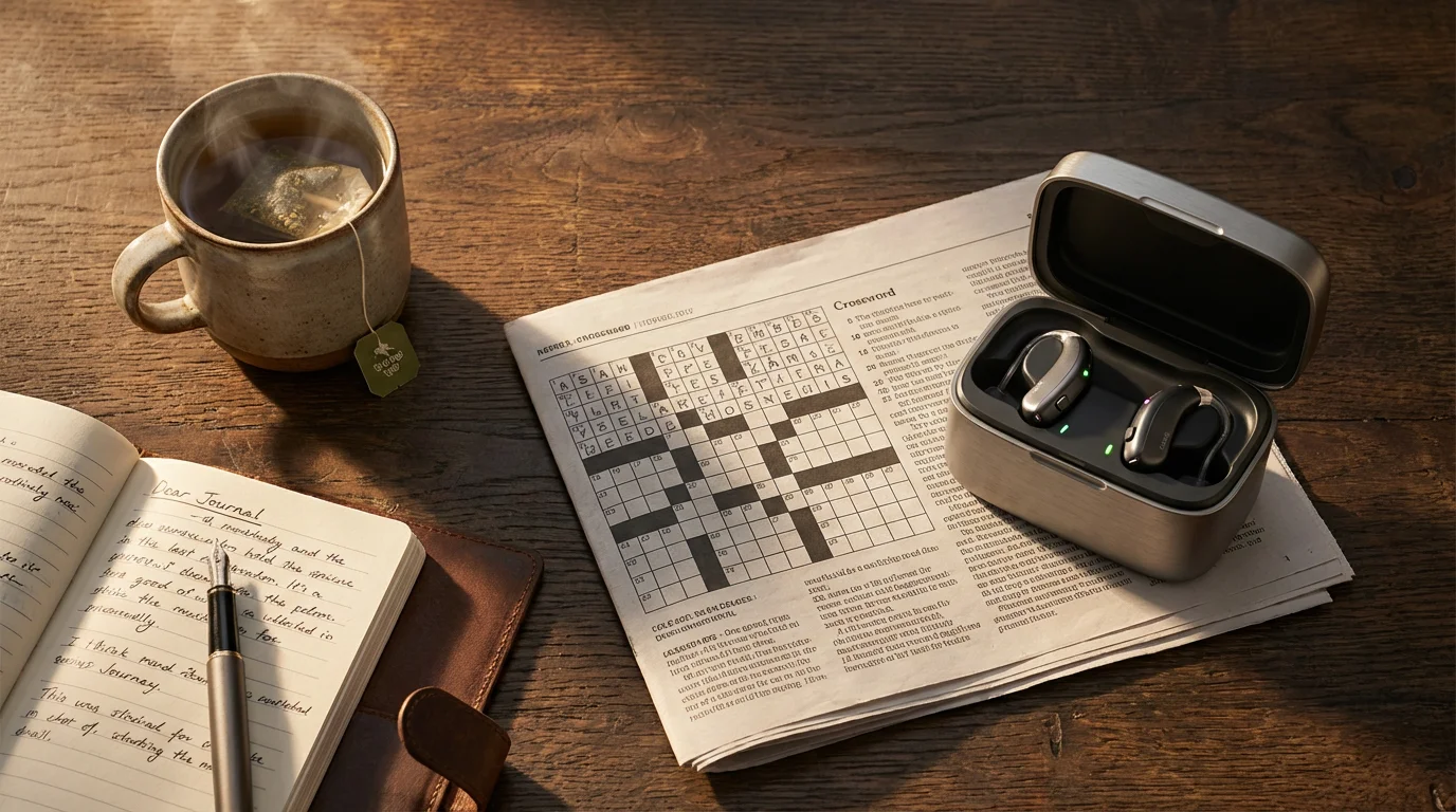 Flat lay of hearing aids, a crossword puzzle, and a journal on a table.