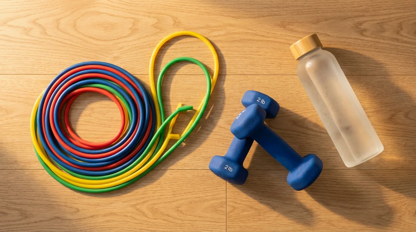 Flat lay of home exercise equipment like resistance bands and light dumbbells at sunset.