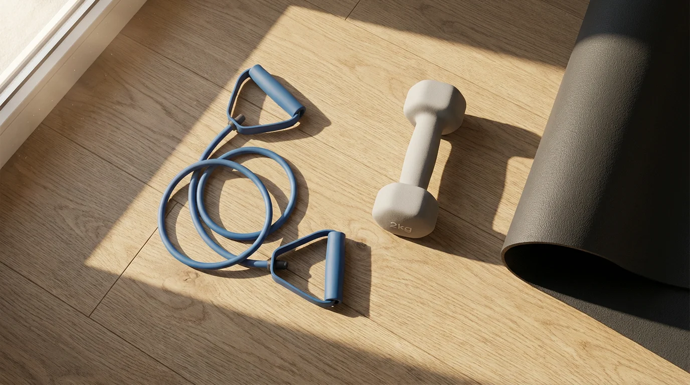 Flat lay of home strength training equipment with long afternoon shadows on wood floor.