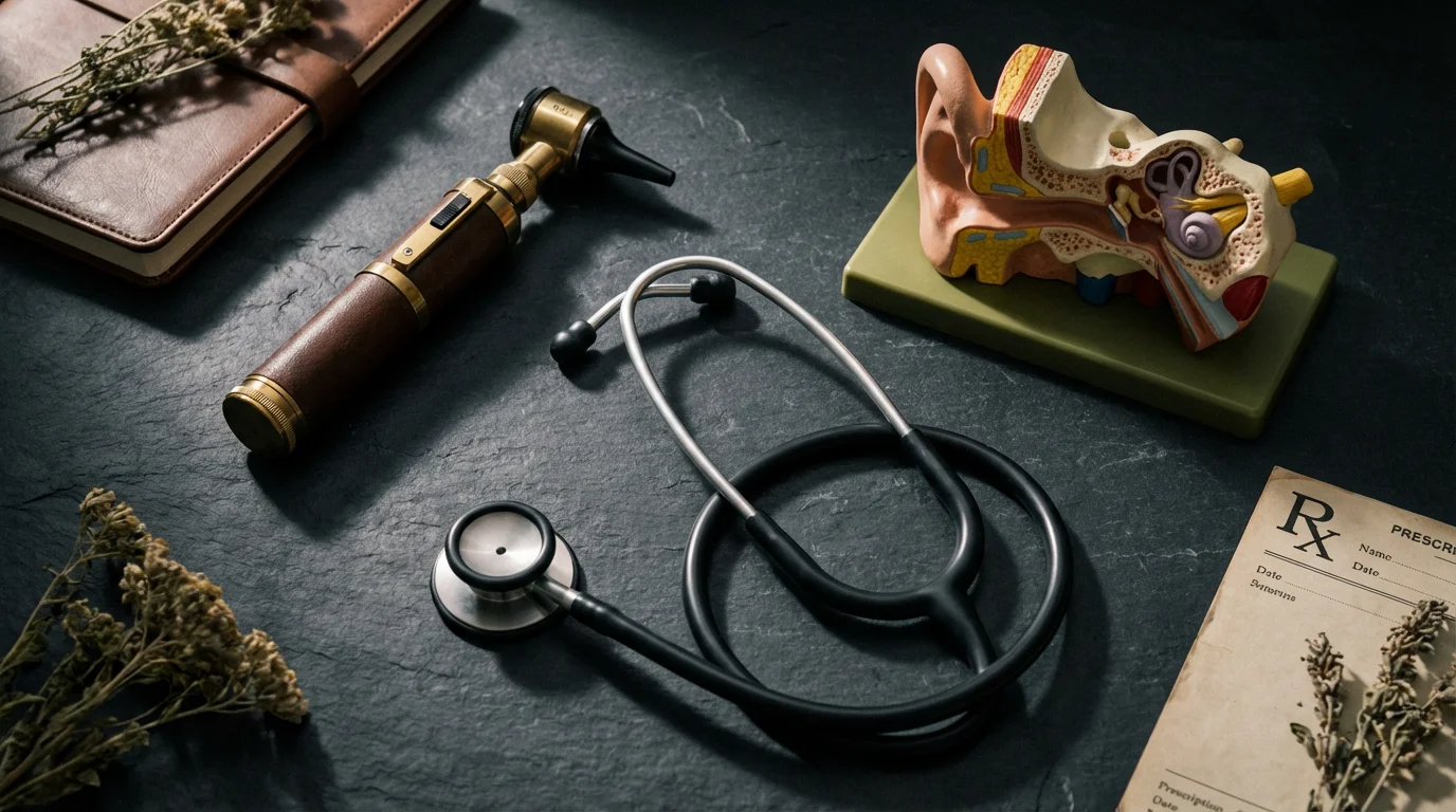 Flat lay of medical instruments for a hearing examination, including an otoscope.