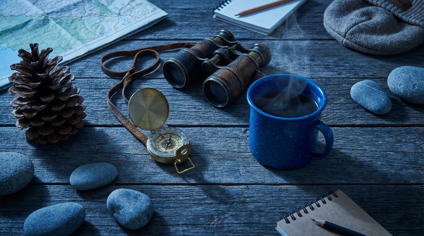 Flat lay of nature travel essentials like a compass, binoculars, and mug.
