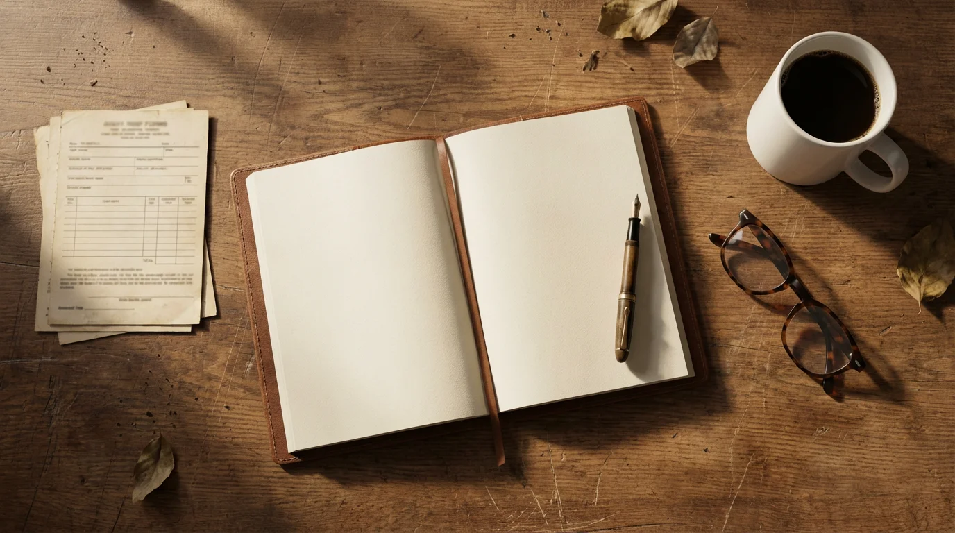 Flat lay of organized documents, a notebook, glasses, and coffee on a desk.