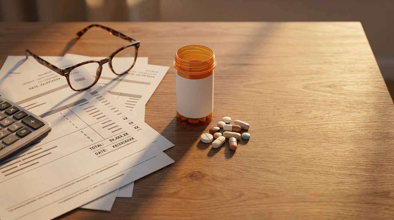 Flat lay of reading glasses, a calculator, and prescription pills on medical bills.