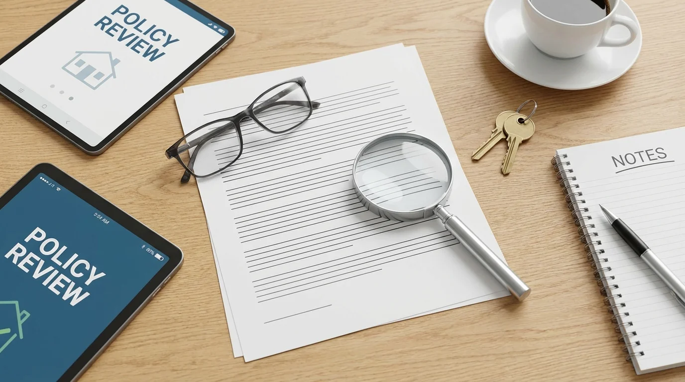 Flat lay of reading glasses and a magnifying glass over a generic insurance document.