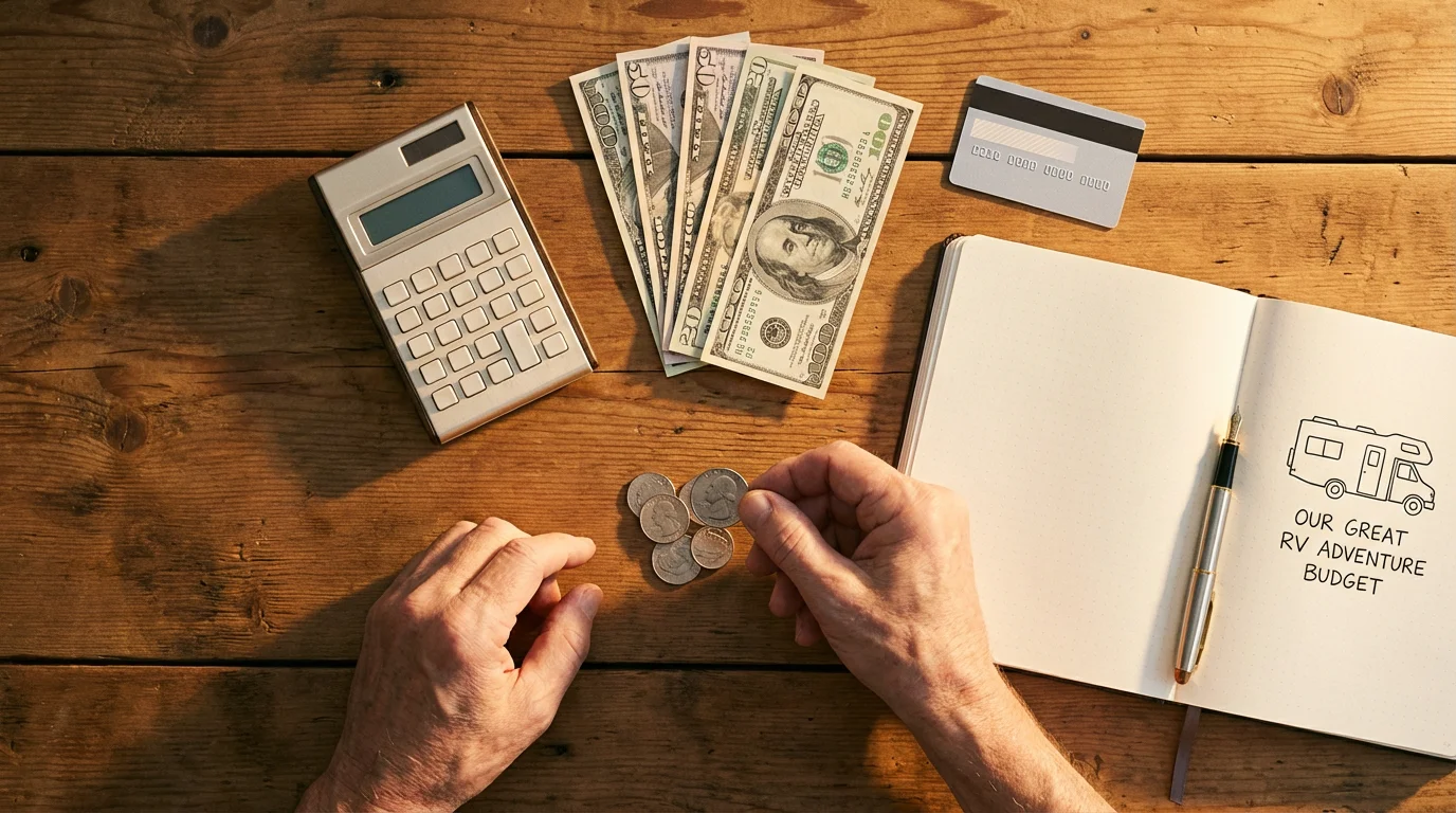 Flat lay of RV travel budgeting items including cash, calculator, and notebook on a table.