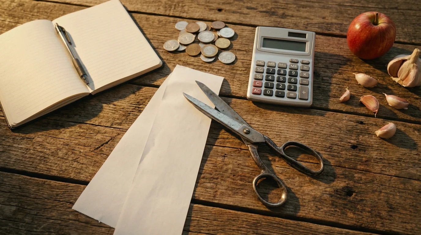 Flat lay of scissors cutting a grocery receipt next to a calculator and coins.