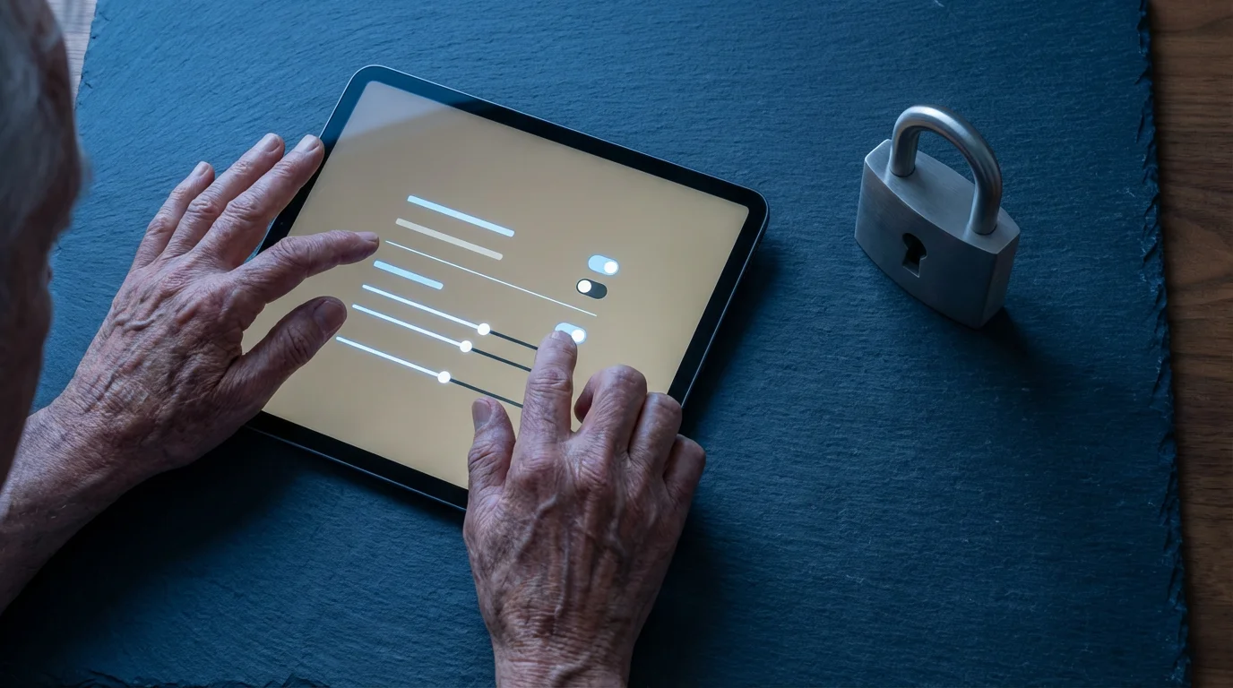 Flat lay of senior hands adjusting privacy settings on a tablet beside a padlock.