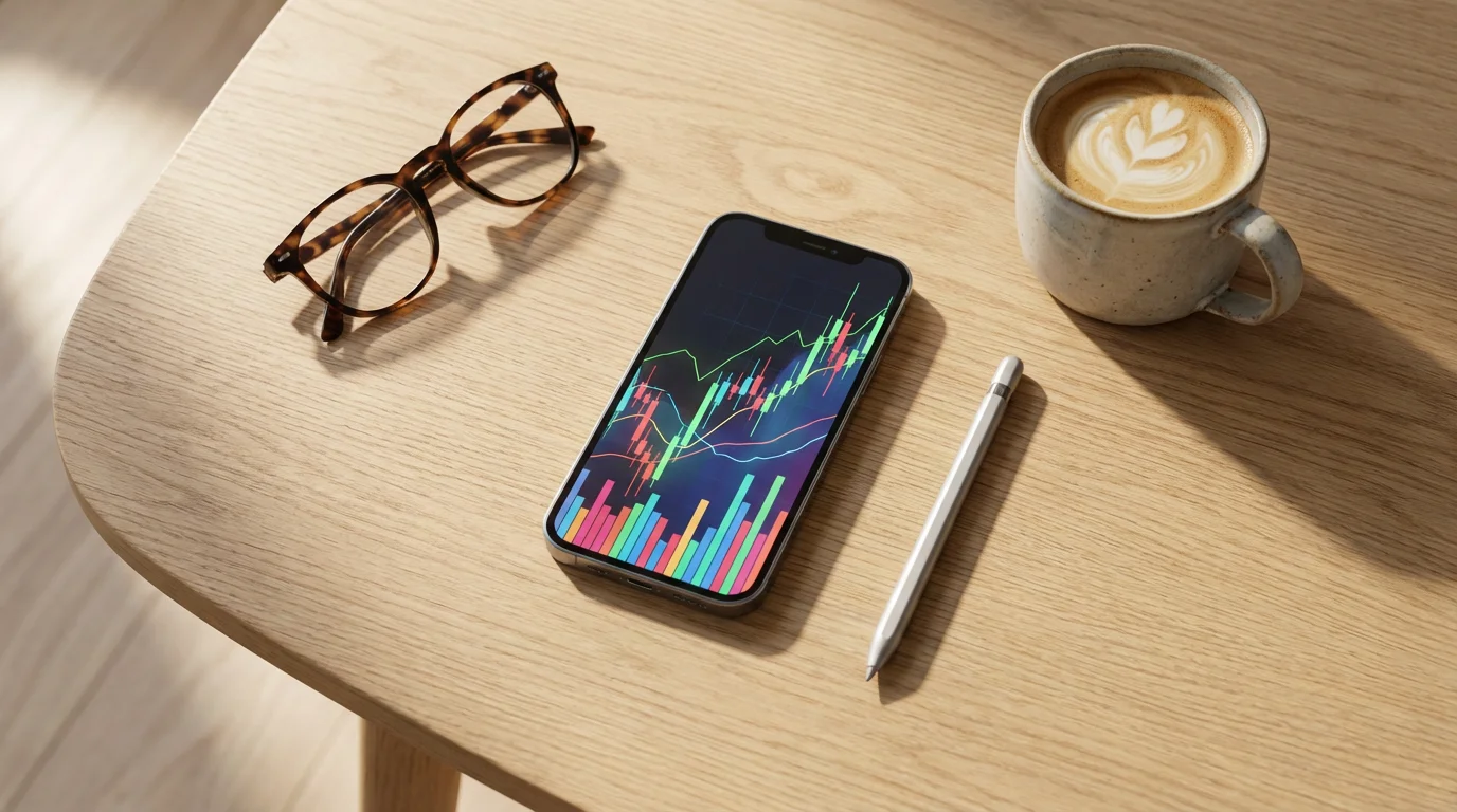 Flat lay of smartphone with financial chart, glasses, and coffee on a wooden desk.