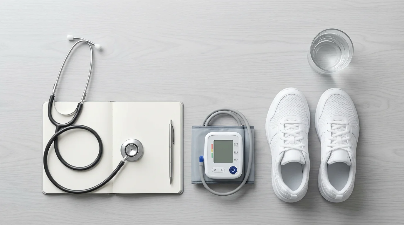 Flat lay of stethoscope, blood pressure cuff, notebook, and sneakers for senior exercise planning.
