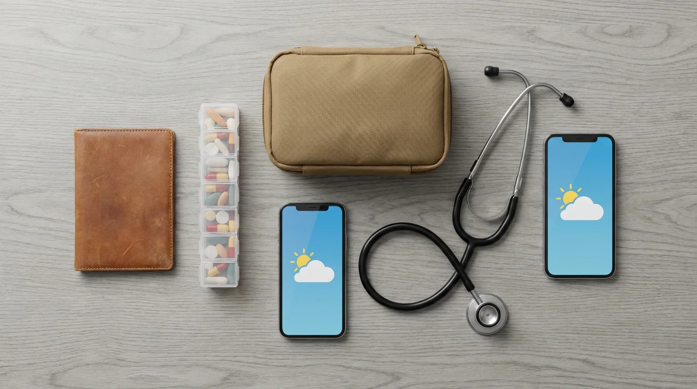Flat lay of travel health essentials including a passport, pill organizer, and stethoscope.