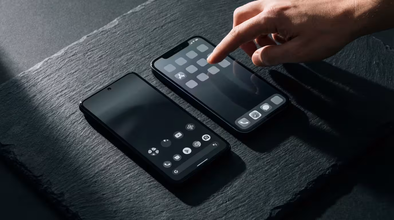 Flat lay of two smartphones on a slate table with a hand about to tap.