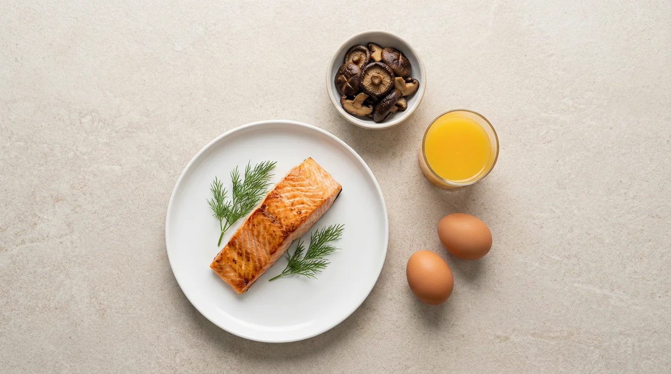 Flat lay of Vitamin D rich foods including salmon, mushrooms, and fortified orange juice.