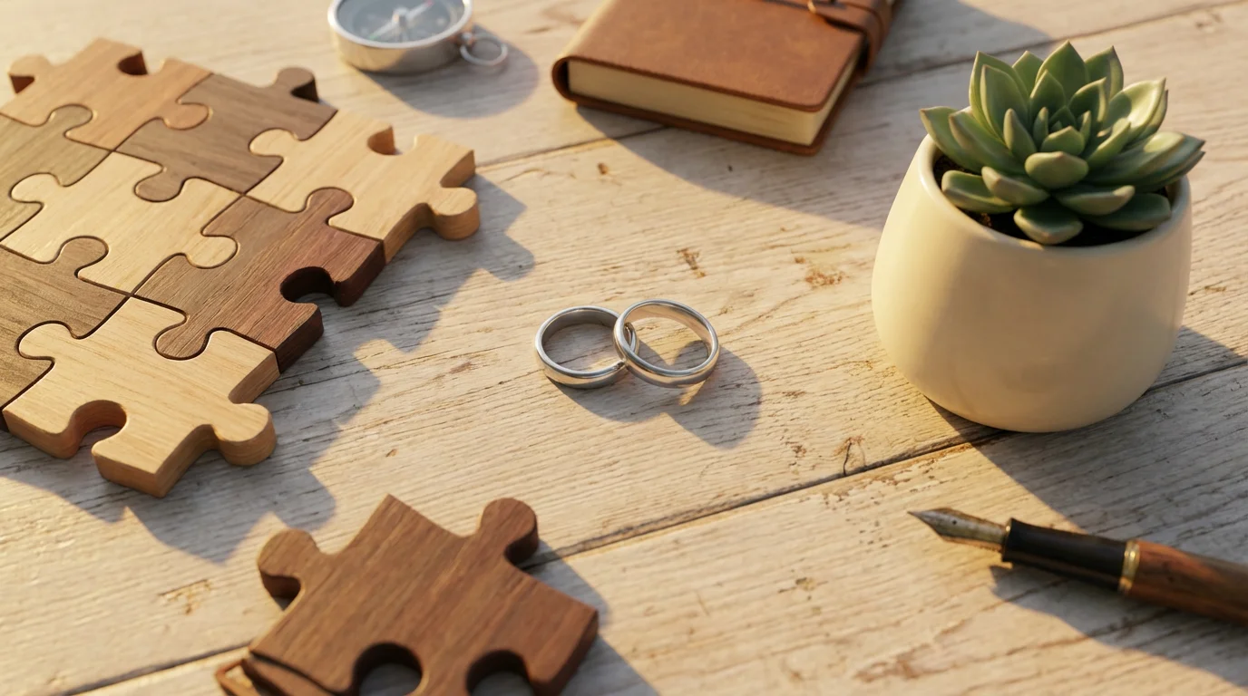 Flat lay of wedding rings, puzzle pieces, and a plant representing financial planning.