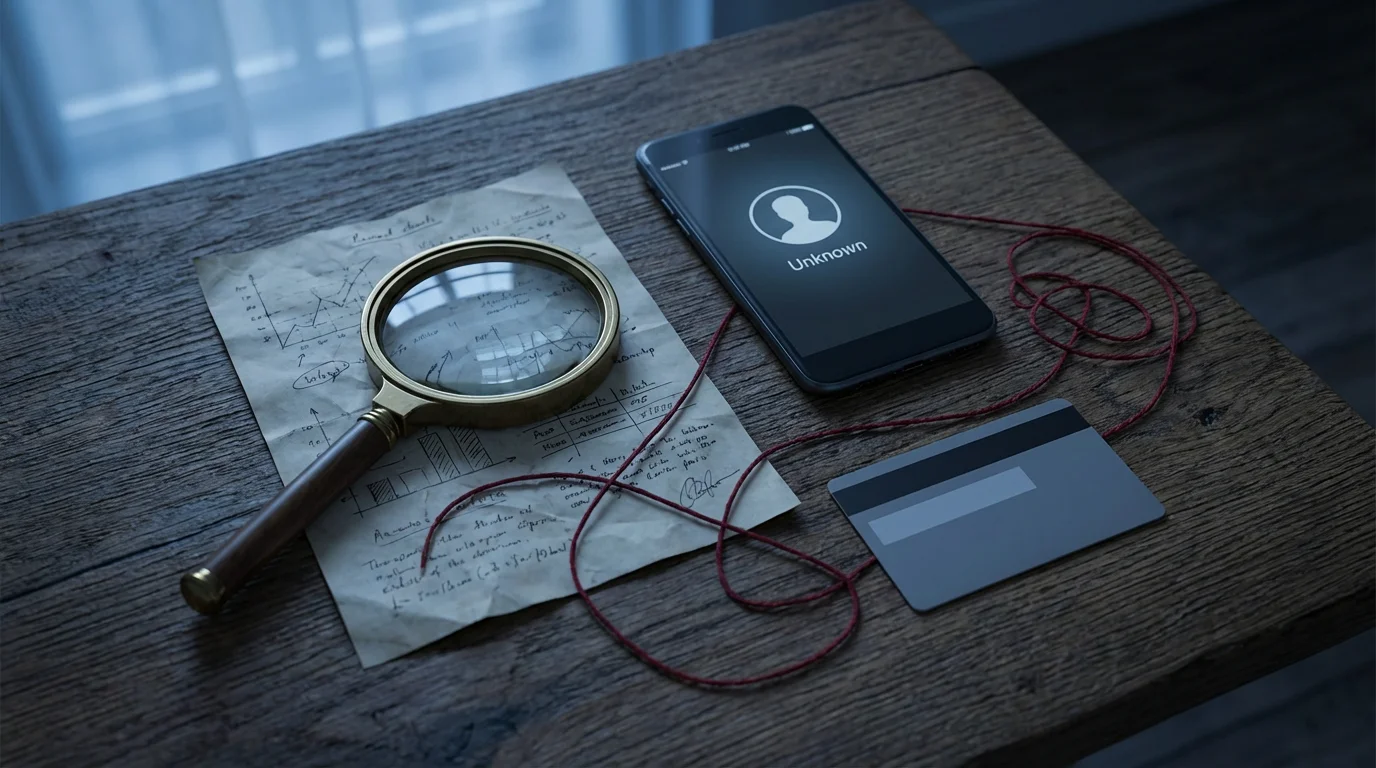 Flat lay with magnifying glass, phone, and credit card symbolizing financial scam red flags.