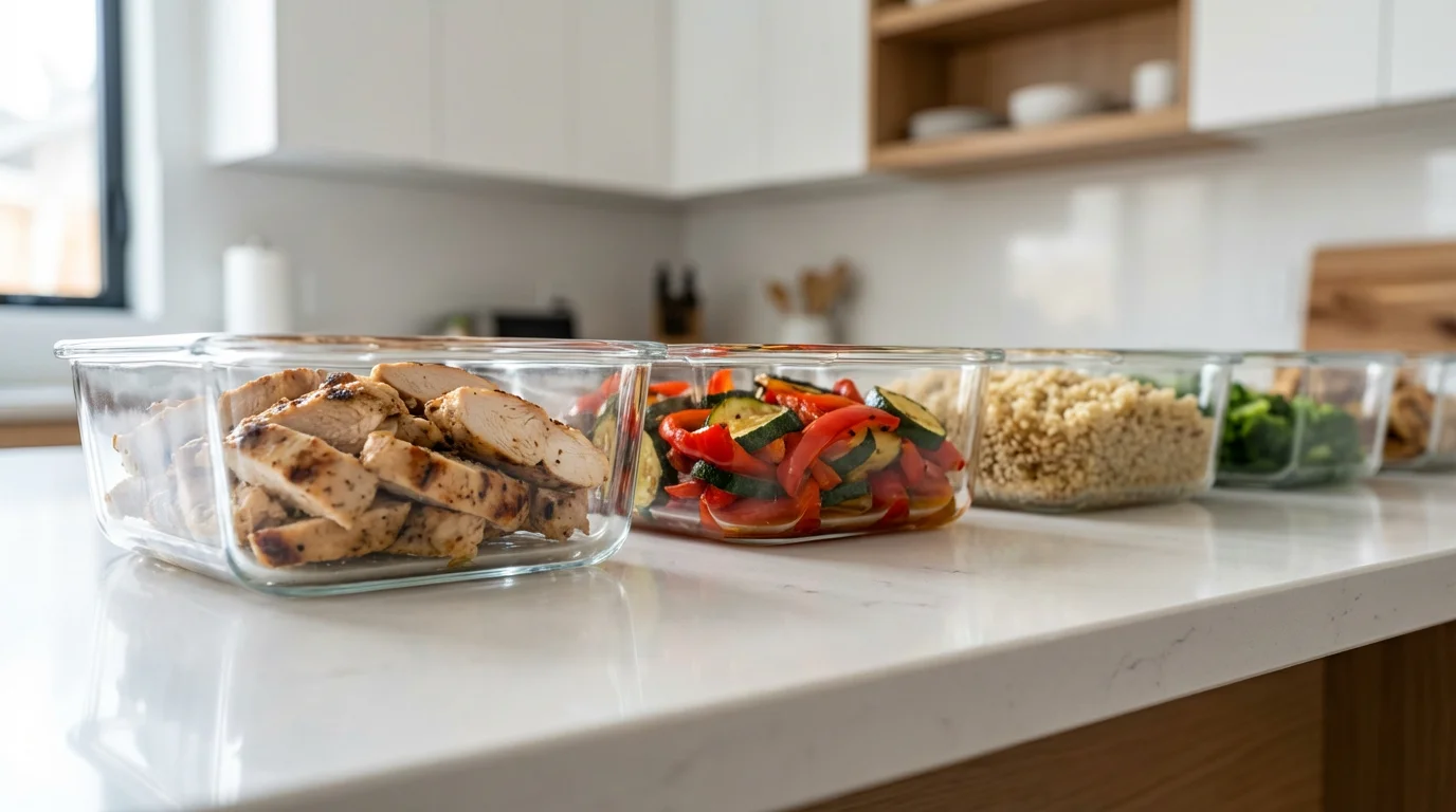 Glass containers filled with healthy batch-cooked meals lined up on a kitchen counter.