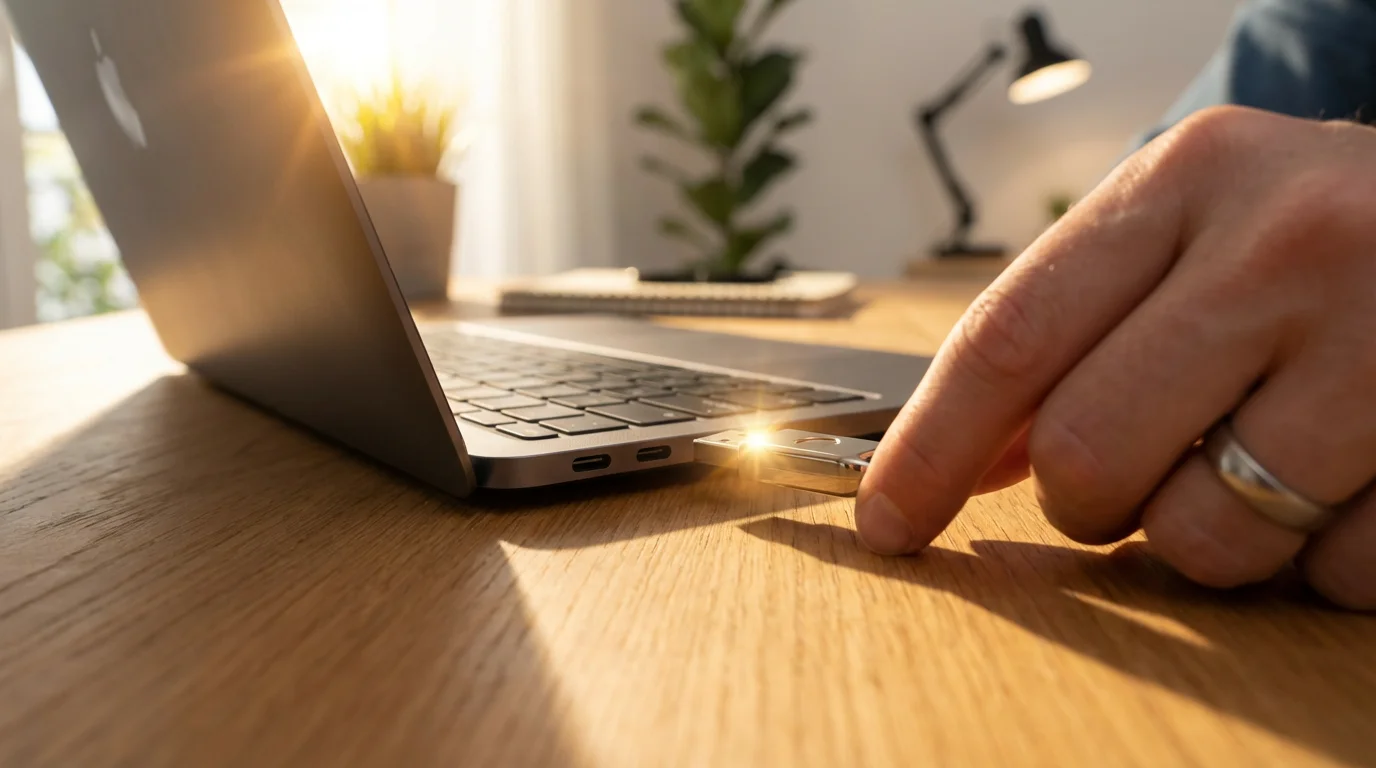 Hand inserting a hardware security key into a laptop's USB port at sunset.