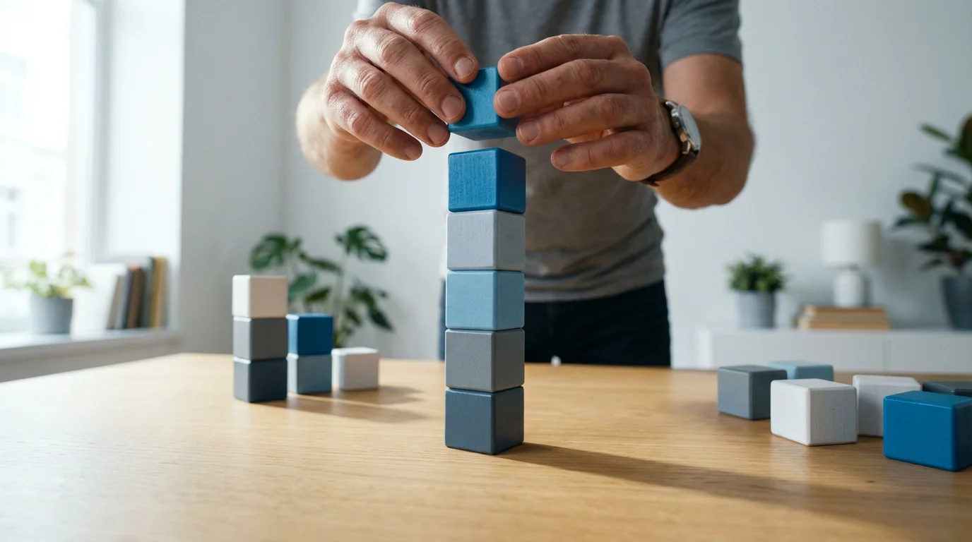 Hands organizing blue and grey wooden blocks into neat stacks on a clean desk.